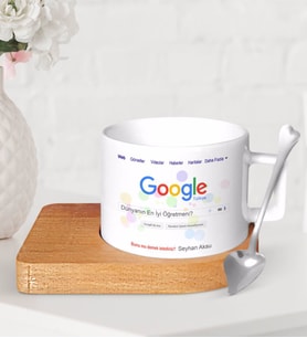 BK Gift Kişiye Özel Google Dünyanın En İyi Öğretmeni Ahşap Altlıklı Seramik Fincan (Beyaz)