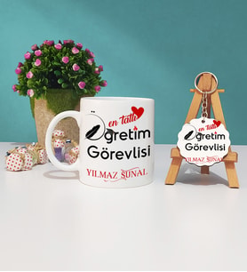 Mesajlı Öğretim Görevlisi Kupa Bardak ve Ahşap Anahtarlık Hediye Seti