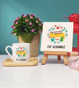 Öğretmenler Günü Hediyesi Ahşap Altlıklı Türk Kahvesi Fincanı ve Dekoratif Taş Baskı