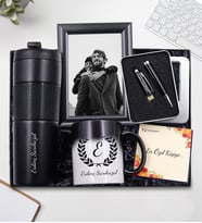 Kişiye Özel Sihirli Kupa & French Press Termos & 32Gb USB Siyah Kalem & Siyah Çerçeve Hediye Seti