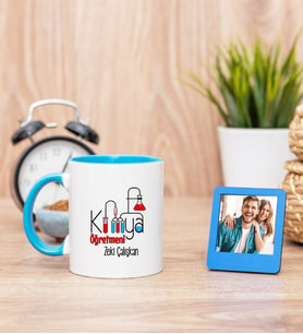 Kimya Öğretmeni Mavi Kupa Bardak ve Mavi Mini Fotoğraf Çerçevesi