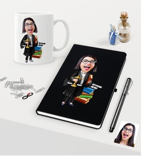 BK Gift Kişiye Özel Bayan Avukat Karikatürlü Siyah Defter Kalem Kupa Seti - 2 (Model 1)