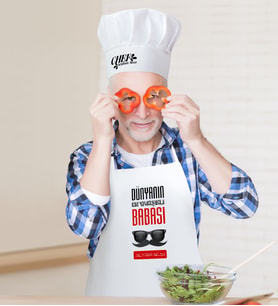BK Gift Kişiye Özel Dünyanın En Yakışıklı Babası Erkek Mutfak Önlüğü ve Aşçı Şapkası Seti-2 (Beyaz)