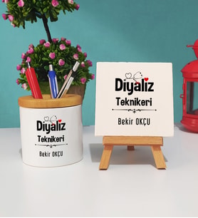 Diyaliz Teknikeri Tasarımlı Kişiye Özel Hediye Diyaliz Teknikeri Kalemlik ve Dekoratif Taş Baskı Seti