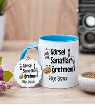 Görsel Sanatlar Öğretmeni Mavi Kupa Bardak Ve Anahtarlık Set
