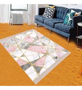 Mermer Desenli Gold Şeritli Dijital Baskı Yıkanabilir Kaymaz Taban Kilim Model Salon Halısı (Pembe)