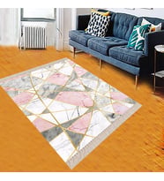 Mermer Desenli Gold Şeritli Dijital Baskı Yıkanabilir Kaymaz Taban Kilim Model Salon Halısı (Pembe)