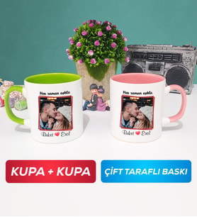İkili Sevgiliye Sevgililer Günü Hediyesi 9 Kupa Bardak Yeşil Pembe