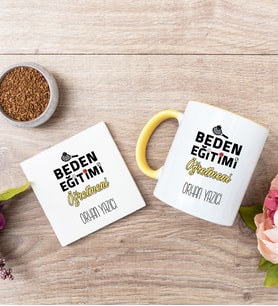 Beden Eğitimi Öğretmeni Sarı Kupa Bardak Ve Bardak Altlığı Seti