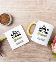 Beden Eğitimi Öğretmeni Sarı Kupa Bardak Ve Bardak Altlığı Seti