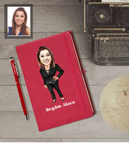 Kişiye Özel İş Kadını Karikatürlü  Kırmızı Defter Kalem Hediye Seti Bayan-23