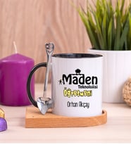 Maden Teknolojisi Öğretmeni Ahşap Altlıklı Siyah Kupa Bardak