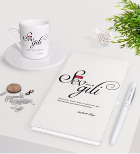 BK Gift Kişiye Özel Mânâ Sevgili Beyaz Defter Kalem Türk Kahvesi Fincanı Seti-1 (Model 1)