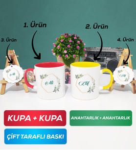 İkili Kırmızı Sarı Çiçek Tasarımlı İsme Özel Kupa Bardak Anahtarlık