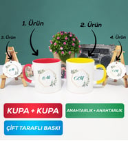 İkili Kırmızı Sarı Çiçek Tasarımlı İsme Özel Kupa Bardak Anahtarlık