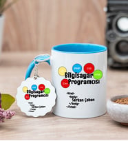 Bilgisayar Programcısı Mavi Kupa Bardak Ve Anahtarlık Set