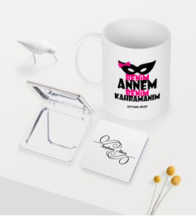 BK Gift Kişiye Özel Annem Benim Kahramanım Beyaz Kupa Ayna Seti (Model 1)