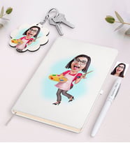 BK Gift Kişiye Özel Kadın Ressam Karikatürlü Beyaz Defter Kalem ve Anahtarlık Hediye Seti (Model 1)