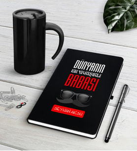 BK Gift Kişiye Özel Dünyanın En Yakışıklı Babası Siyah Defter Kalem Termos Mug Seti-2 (Model 1)