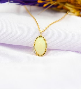 14 Ayar Altın Doğal Oval Opal ve Pırlanta Taşlı Kolye