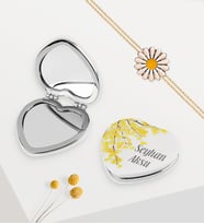BK Gift Kişiye Özel Çiçek Kabartmalı Beyaz Kalp Ayna ve Papatya Bileklik Set