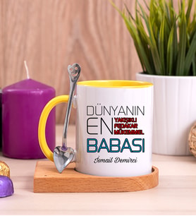 Dünyanın En İyi Babası Ahşap Altlıklı Sarı Kupa Bardak