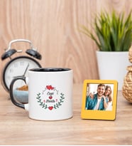 Sevgiliye Hediye İsim ve Kalpli Siyah Kupa ve Sarı Mini Fotoğraf Çerçevesi
