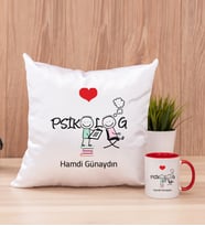 Psikolog Kare Yastık ve Kırmızı Kupa Bardak