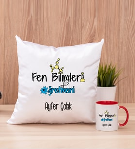Fen Bilimleri Öğretmeni Kare Yastık ve Kırmızı Kupa Bardak
