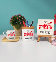 Mesajlı Optisyen Tasarımlı Kişiye Özel Optisyen Ahşap Altlıklı Türk Kahvesi Fincanı Kalemlik Dekoratif Taş Baskı Hediye Seti