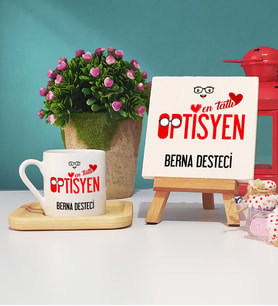 Mesajlı Optisyen Tasarımlı Kişiye Özel Optisyen Ahşap Altlıklı Türk Kahvesi Fincanı ve Dekoratif Taş Baskı