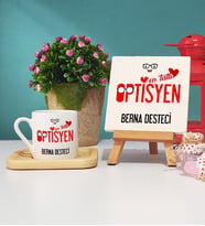 Mesajlı Optisyen Tasarımlı Kişiye Özel Optisyen Ahşap Altlıklı Türk Kahvesi Fincanı ve Dekoratif Taş Baskı