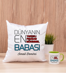 Dünyanın En İyi Babası Kare Yastık ve Yeşil Kupa Bardak