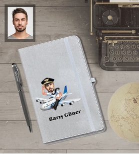 Kişiye Özel Pilot Karikatürlü Gri Defter Kalem Hediye Seti  Bay-5