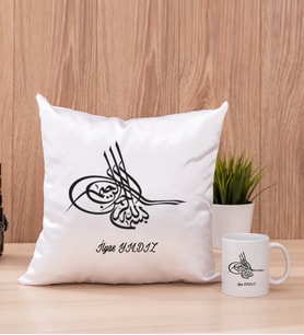 Osmanlı Tuğralı Kare Yastık ve Beyaz Kupa Bardak