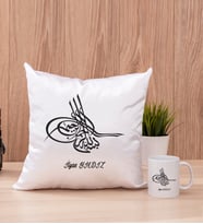 Osmanlı Tuğralı Kare Yastık ve Beyaz Kupa Bardak