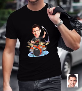 BK Gift Kişiye Özel Bay Baterist Karikatürlü Siyah T-Shirt