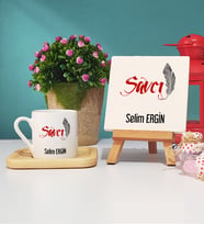 Savcı Ahşap Altlıklı Türk Kahvesi Fincanı ve Dekoratif Taş Baskı