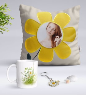 BK Gift Kişiye Özel Fotoğraflı Papatya Yastık Kupa ve Gold Papatya Anahtarlık-13 (Model 1)