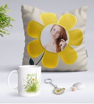 BK Gift Kişiye Özel Fotoğraflı Papatya Yastık Kupa ve Gold Papatya Anahtarlık-13 (Model 1)