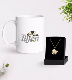 BK Gift Kişiye Özel Öğretim Üyesi Beyaz Kupa ve Papatya Kolye Hediye Seti-2 (Model 1)