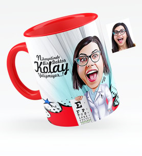 BK Gift Kişiye Özel Bayan Göz Doktoru Karikatürlü Kırmızı Kupa Bardak  1