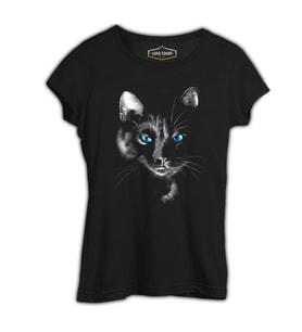 Cat in Blue Siyah Kadın Tshirt