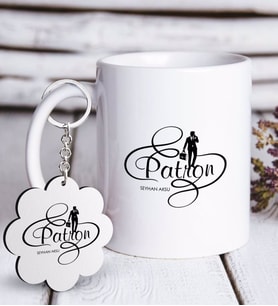 BK Gift Kişiye Özel Mesleki Patron Beyaz Kupa ve Anahtarlık Hediye Seti-3 (Model 1)