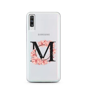 Pembe Çiçekli Harf Tasarım Süper Şeffaf Silikon Telefon Kılıfı Samsung A70 M-Har