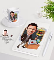 BK Gift Kişiye Özel Erkek Öğretmen Karikatürlü Beyaz Defter Kalem Türk Kahvesi Fincanı Seti-2 (Model 1)