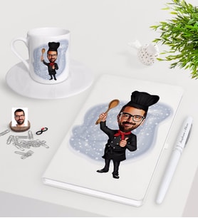 BK Gift Kişiye Özel Erkek Chef Karikatürlü Beyaz Defter Kalem Türk Kahvesi Fincanı Seti-1 (Model 1)