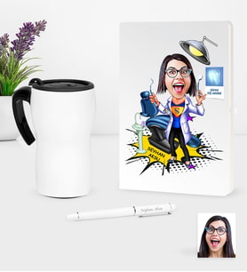 BK Gift Kişiye Özel Bayan Diş Hekimi Karikatürlü Beyaz Defter Kalem Termos Mug Seti - 1 (Model 1)