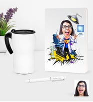 BK Gift Kişiye Özel Bayan Diş Hekimi Karikatürlü Beyaz Defter Kalem Termos Mug Seti - 1 (Model 1)