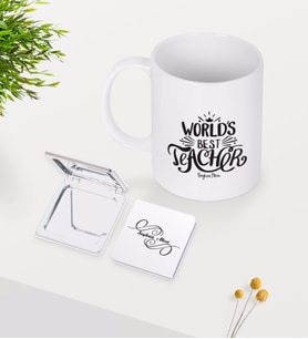 BK Gift Kişiye Özel Dünyanın En İyi Öğretmeni Beyaz Kupa Ayna Seti-30 (Model 1)